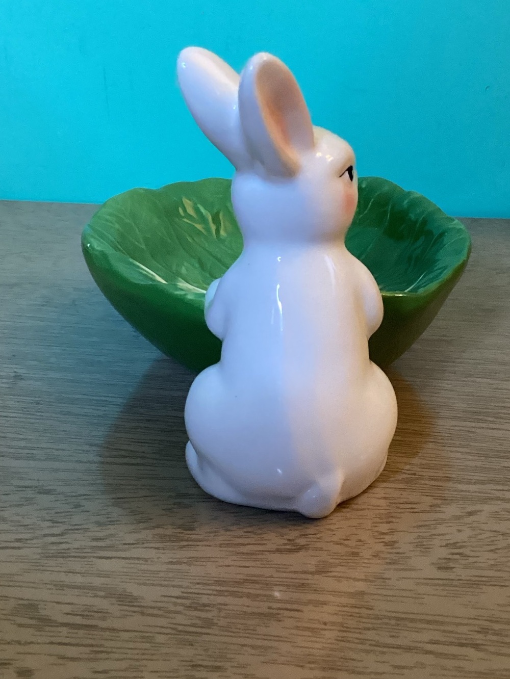 Easter Bunny Rabbit Candy Dish Bowl Cabbage Leaf - Picture 5 of 11